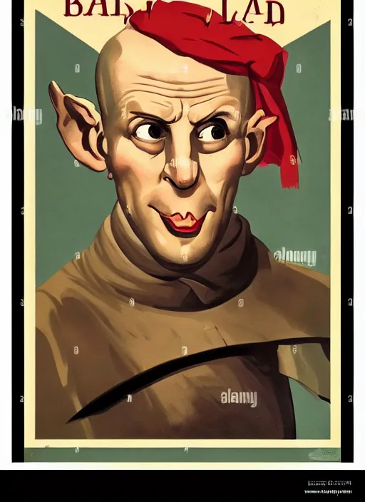 Image similar to portrait of glamorous bald medieval man with big nose and annoyed gesture,look of hate, threatening pose, 1940s propaganda poster, full hd,highly detailed