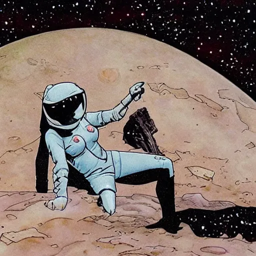 Prompt: a pin up on the moon, by milo manara