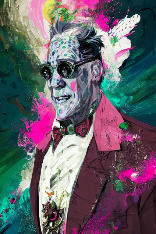 Prompt: wealthy male half necromancer, made of white gucci fabric, pixiv fanbox, dramatic lighting, maximalist pastel color palette, splatter paint, pixar and disney concept, graphic novel by fiona staples and dustin nguyen, peter elson, alan bean, wangechi mutu, clean cel shaded vector art, trending on artstation