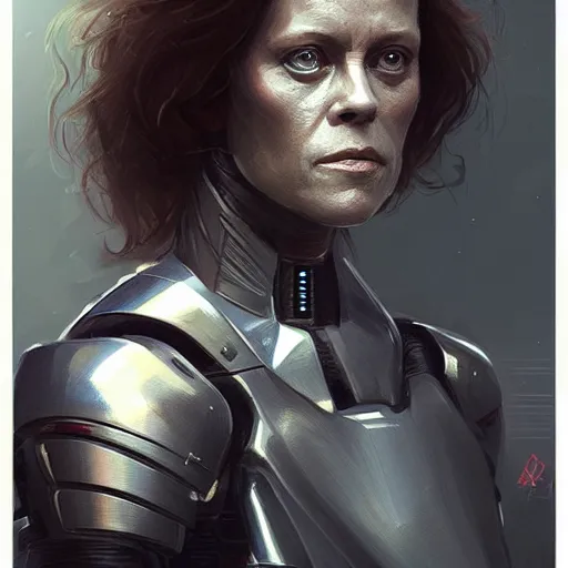 Image similar to portrait of a woman by greg rutkowski, she looks like sigourney weaver, she is wearing a cybernetic heavy armor gear, highly detailed portrait, digital painting, artstation, concept art, smooth, sharp foccus ilustration, artstation hq