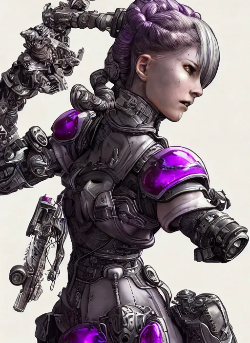 Prompt: portrait of a pale woman in power armor with purple ponytail hair, elegant, stoic, intense, ultrafine hyperdetailed illustration by kim jung gi, irakli nadar, intricate linework, sharp focus, bright colors, octopath traveler, final fantasy, hearthstone, highly rendered, global illumination, radiant light, detailed, intricate environment