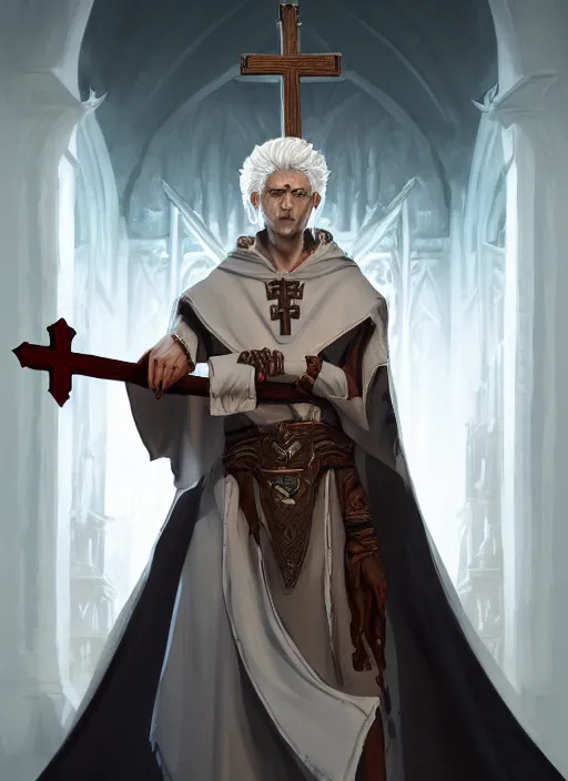 Image similar to a highly detailed illustration of white haired african priest wearing white robe, wielding bloody cross, gothic church background, intricate, elegant, highly detailed, centered, digital painting, artstation, concept art, smooth, sharp focus, league of legends concept art, wlop