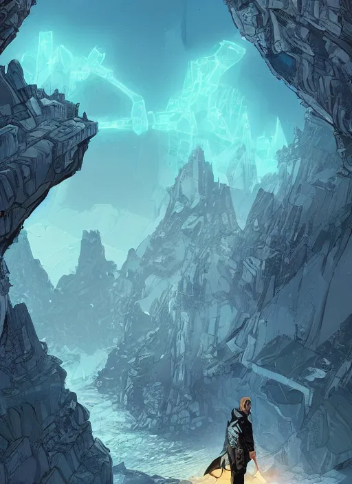 Prompt: comic book art of a [ man ] in trenchcoat in armour crossing a [ bridge ] above a [ cliff ] [ mountain in the background ] [ forest ] made of crystalized glowing rock, a [ glowing temple ] extends into the sky, low angle, artstation illustration, elegant, arcane by tim doyle