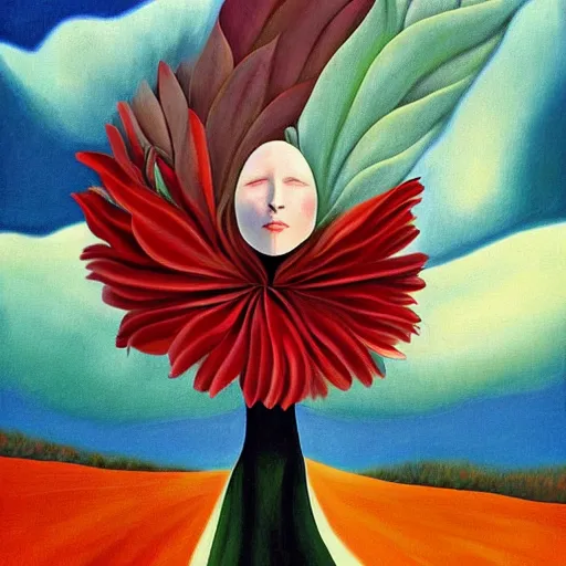 Image similar to huge flower as head, woman walking in a field, surreal, flat light, painting, digital painting, artstation, georgia o'keeffe