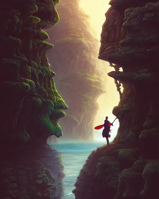 Prompt: kayaking through a narrow canyon dreamscape, fantasy surrealism art by andreas rocha, jacek yerka, artstation