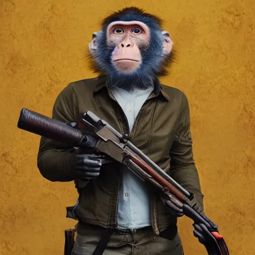 Image similar to a monkey with a revolver in his hands, human man with camera stands behind the monkey, real life photo, 4 k, cyberpunk, highly detailed, sharp focus - h 8 0 0