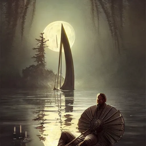 Image similar to excalibur in the middle of a lake under a giant full moon, rippling reflections, romantic, cinematic, intricate, elegant, highly detailed, artstation, concept art, smooth, sharp focus, art by WLOP and artgerm and greg rutkowski and alphonse mucha