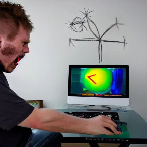 Prompt: crazy scottish man getting angry playing a computer game, photo real, dslr camera, 4 k, ray tracing