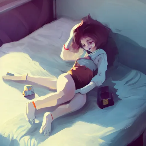 Image similar to a girl is lying on the bed and playing with her mobile phone, a ragdoll cat is lying on the side, characterized by roman shipunov, etienne hebinger, atey ghailan, cgsociety, fantasy art, 2 d game art