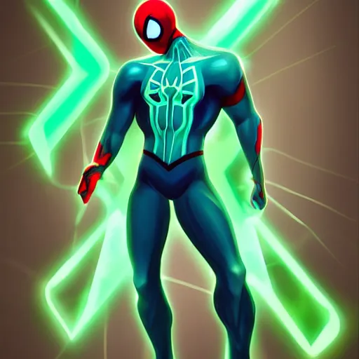 Image similar to splash art of a cool beautiful green and cyan spiderman in a stylish pose in the style of the league of legends splash art, digital art by Michelle Hoefener