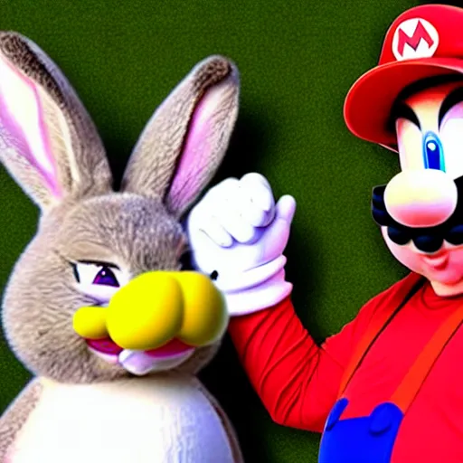 Image similar to real life big chungus dressed like mario, super mario with bunny ears, big chungus, fat bugs bunny, high resolution photo