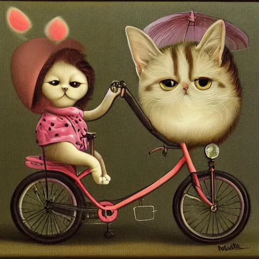 Prompt: ! dream a cat and a child on a tandem bike, lowbrow painting by mark ryden