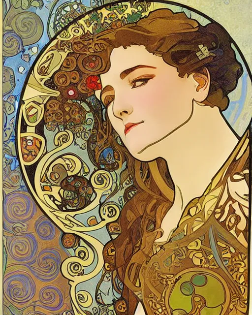 Image similar to a combination of the art styles of Alphonse Mucha and Gustav Klimt