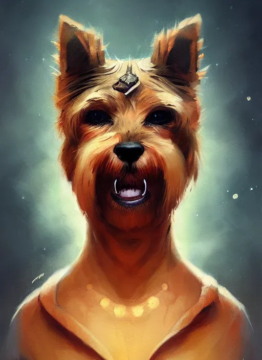 Image similar to norwich terrier as an superhero, backround dark, highly detailed, digital illustration, trending in artstation, modern painting, smooth, sharp focus, intricate, by peter mohrbacher