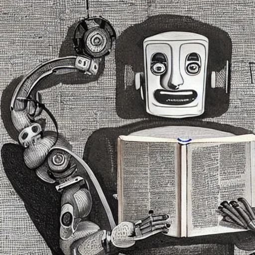 Prompt: a robot reading a book by salvador dali