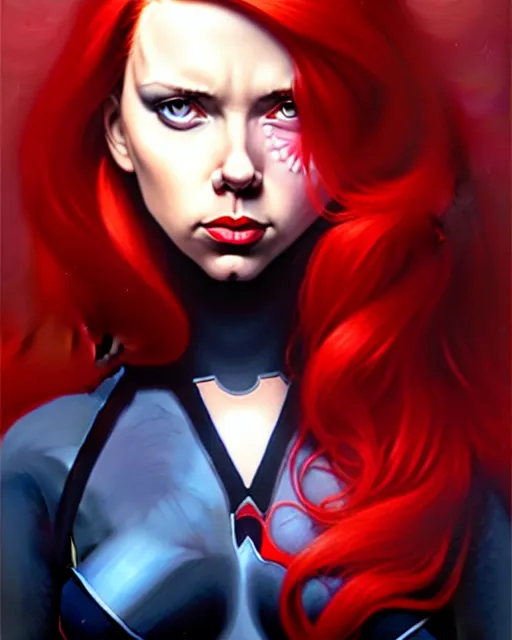 Image similar to peter mohrbacher, phil noto, artgerm, pretty scarlett johansson black widow, symmetrical eyes, long red hair