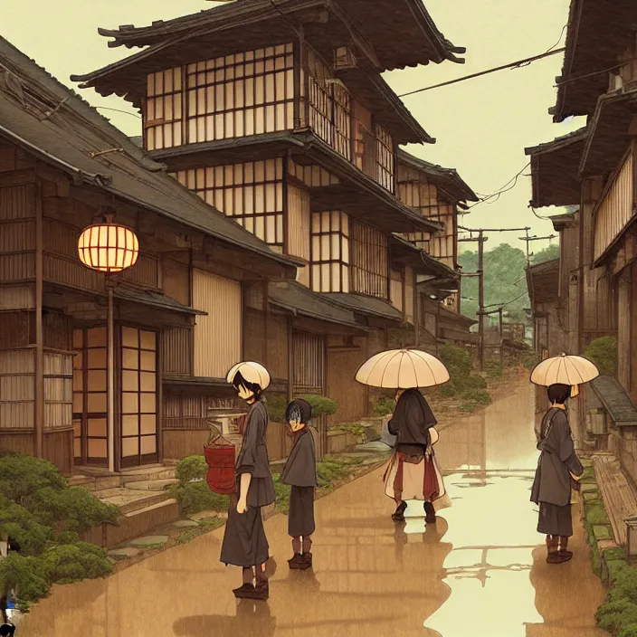 Prompt: japanese rural town, rain, in the style of studio ghibli, j. c. leyendecker, greg rutkowski, artem