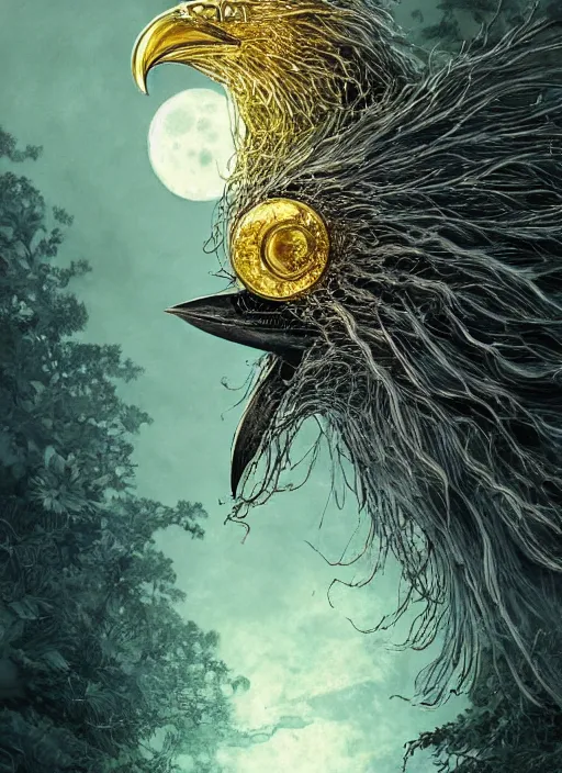 Prompt: glowing silver and golden elements, full close-up portrait, ghibli crow, book cover, green forest, white moon, establishing shot, extremly high detail, photo-realistic, cinematic lighting, pen and ink, intricate line drawings, by Yoshitaka Amano, Ruan Jia, Kentaro Miura, Artgerm, post processed, concept art, artstation, matte painting, style by eddie mendoza, raphael lacoste, alex ross