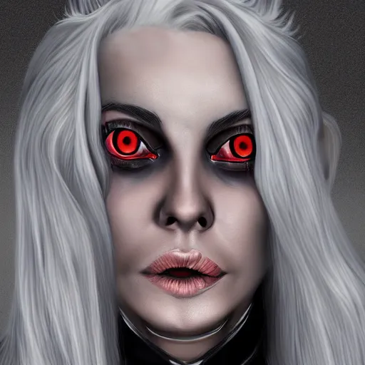 Prompt: Hot young woman, winking, grey skinned, void eyeballs, white hair, tattoos, wearing leather, concept art, 4k,