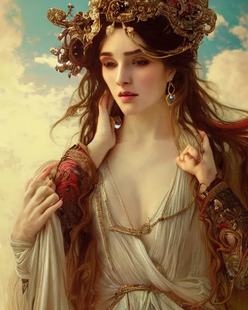 Image similar to a beautiful close up portrait of a sorceress floating on air with elegant looks, flowing robe, ornate and flowing, intricate and soft by ruan jia, tom bagshaw, alphonse mucha, wlop, beautiful roman architectural ruins in the background, epic sky, vray render, artstation, deviantart, pinterest, 5 0 0 px models