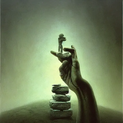 Image similar to arm reaching out of thick fog, marble tablets, zdzislaw beksinski