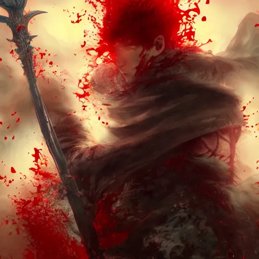Image similar to guts from berserk submerged in red water, extremely detailed, made by wlop, maxwell boas, Sakimi chan,Naranbaatar Ganbold and Anato Finnstark