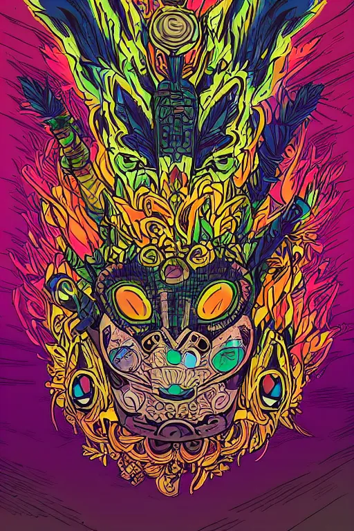 Image similar to animal mask totem roots flower tribal feather gemstone plant wood rock shaman vodoo video game vector cutout illustration vivid multicolor borderlands comics by josan gonzales and dan mumford radiating a glowing aura