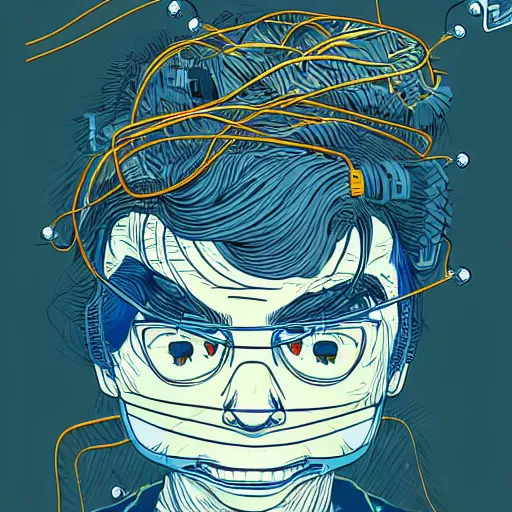 Image similar to illustration of a boy connected to his laptop with hundreds of wires, highly detailed, cel shading, by butcher billy, cgsociety, mcbess, rutkowski, james jean, 8 k, photorealistic