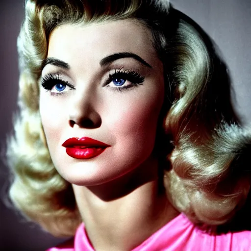 Image similar to a color portrait photography of a 1950s hollywood actress, actress, blonde, vivacious, demur, cinematic, hq, detailed