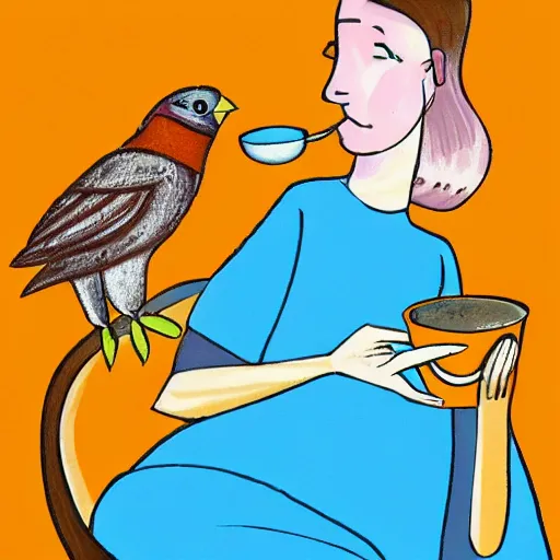 Image similar to mix between woman and bird, having a cup of coffee.