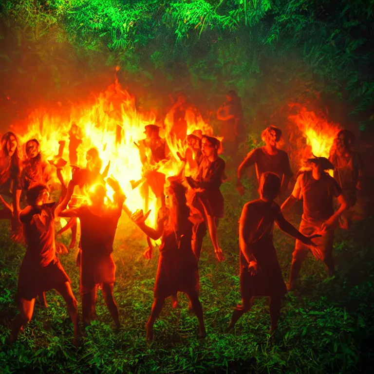Image similar to real life 1 2 monkeys dancing around a fire in a jungle, cinematic, volumetric lighting, vivid colours, f 8 aperture, cinematic eastman 5 3 8 4 film, photorealistic