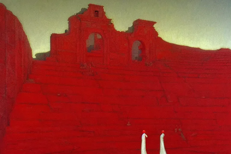 Image similar to only with red, a red melted emperor, taormina amphitheatre, crowd hails him, in the style of beksinski, parts by edward hopper, parts by rodcenko, parts by yue minjun, intricate and epic composition, red by caravaggio, insanely quality, highly detailed, masterpiece, red light, artstation, 4 k