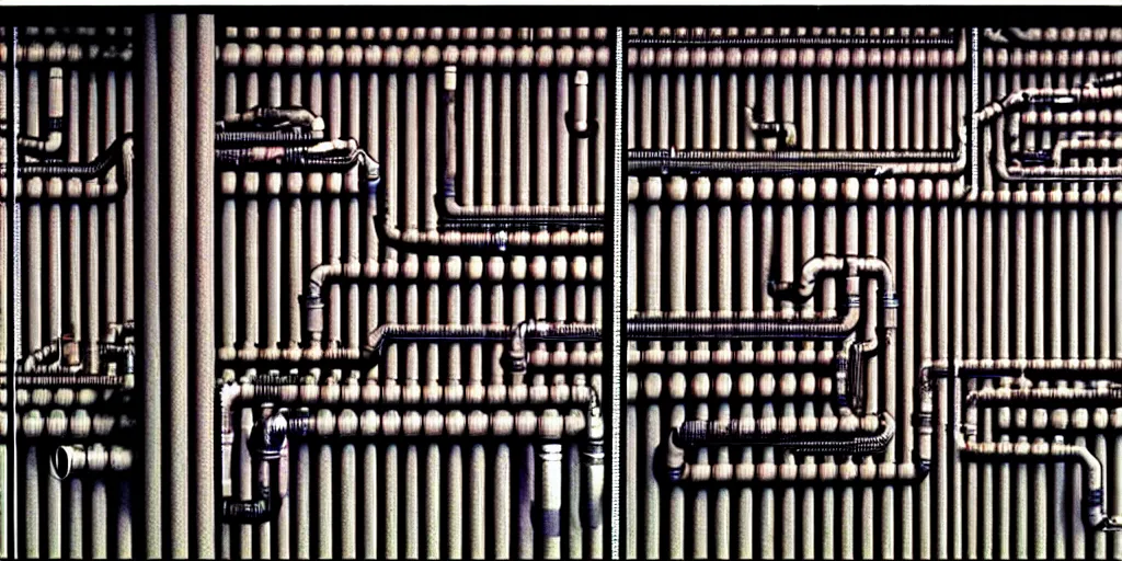 Prompt: a wall of pipes by thomas ligotti and wayne barlowe