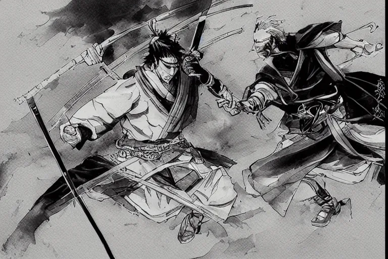 Image similar to epic and cinematographic samurai duel, by takehiko inoue and Hiroshi Hirata