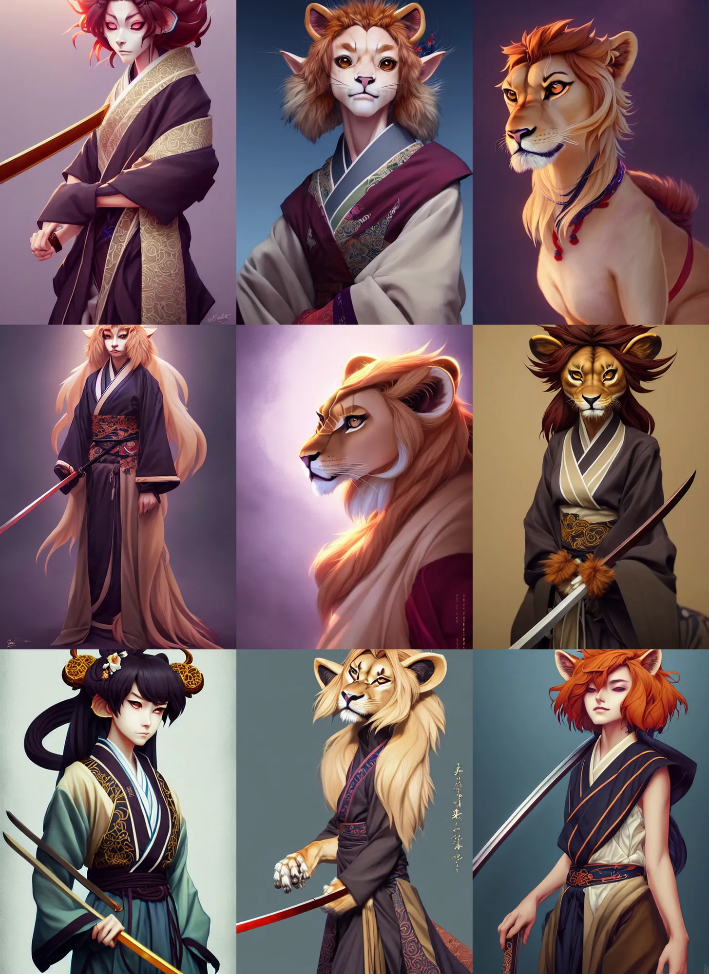 Prompt: beautiful portrait of a female anthropomorphic lioness fursona dressed in a shinigami kimono with a ornate katana. character design by disney, charlie bowater, ross tran, artgerm, and makoto shinkai, detailed, soft lighting, rendered in octane