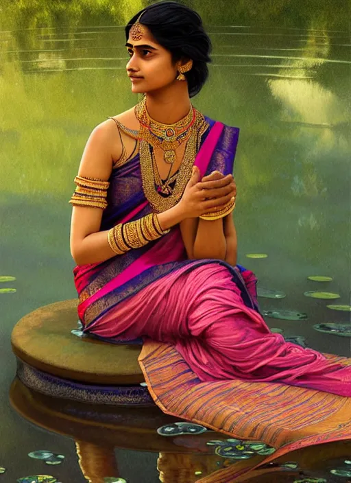 Image similar to a young indian lady wearing a sari relaxing by a pond, wet, shiny, fantasy, intricate, elegant, hyper detailed, ultra definition, photoreal, artstation, unreal engine rendered, concept art, smooth, sharp focus, illustration, art by artgerm and greg rutkowski and alphonse mucha and garis edelweiss