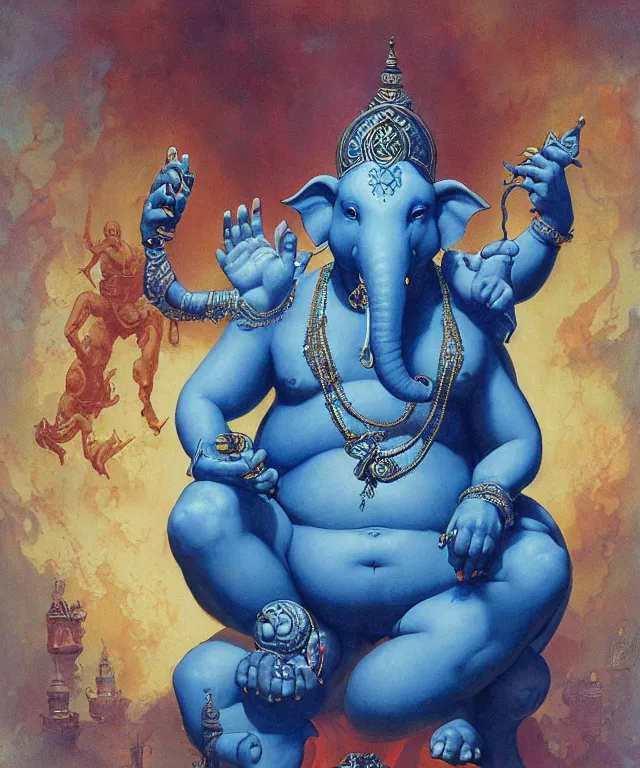 Image similar to blue ganesha with man ’ s body, glowing fiery background, in the style of peter mohrbacher, wayne barlowe, gustav moreau, bussiere, roberto ferri, santiago caruso, luis ricardo falero, austin osman spare, colorful