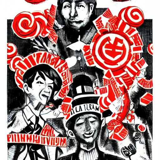 Prompt: a communist revolution in Candy Land, 1960s illustration, high quality, collage in the style of Klaus Voormann and Chinese Propaganda, album cover, peppermint motif