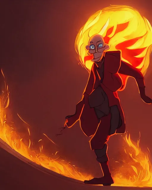 Prompt: squidward wearing fire nation clothing and practicing firebending outside at susnset, [ [ [ [ [ [ greg rutkowski ] ] ] ] ] ]