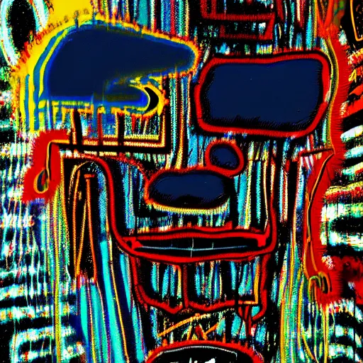 Prompt: waves of sadness glitch core art style by Jean-Michel Basquiat dof dreamlike sparklecore chaotic wide angle lens dark lighting, 8k