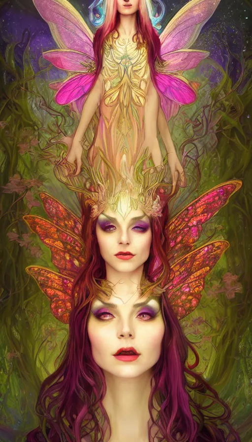 Image similar to a colorful and stunningly beautiful female faerie priestess in amanita muscaria forest landscape, symmetrical wings on back, neon hair, fantasy art, wearing a dress of gossamer gold, dark light night, sharp focus, digital painting, 4 k, concept art, art by charlie bowater and alphonse mucha, brom, face by otto schmidt