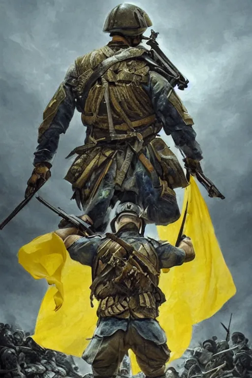 Image similar to a distant shot of a Ukrainian Battlefield 5 soldier with blue and yellow flag standing alone on a huge pile of skulls as a winner, masculine figure, D&D, fantasy, intricate, elegant, highly detailed, extremely detailed, digital painting, artstation, concept art, matte, sharp focus, symmetrical, illustration, art by Artgerm and Greg Rutkowski and Alphonse Mucha