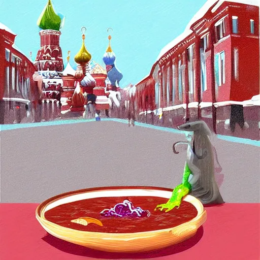 Image similar to Dragon eating russian borsch soup on the Red Square, digital art