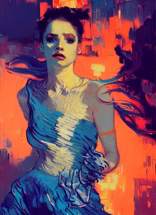 Image similar to portrait of beautiful girl, dancing, ecstatic, nighclub, sunset, shades of orange and blue, beautiful face, rule of thirds, intricate outfit, spotlight, by greg rutkowski, by jeremy mann, by francoise nielly, by van gogh, digital painting