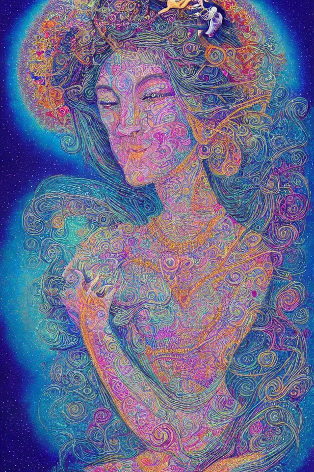 Prompt: a happy beautiful wise spirit goddess in the shape of a heart, meditation, 3 2 k resolution, good vibes, perfect lighting, billions of details, pointillism, fabric embroidery, stunning artwork, android jones, trending on artstation, award winner