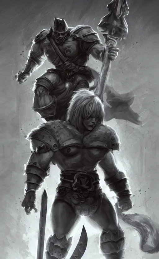 Prompt: Full body centered uncut character pose of mysterious-eerie-ominous He-Man, He-Man is holding the Power Sword in his right hand and the Grey Skull in his left hand, He-Man rides the Battle Cat, dark grey shadowy smokey background, direct natural lighting, cinematic, Epic, ultra-detailed, sharp focus, colored illustration, artwork by Jordan Grimmer and Greg Rutkowski