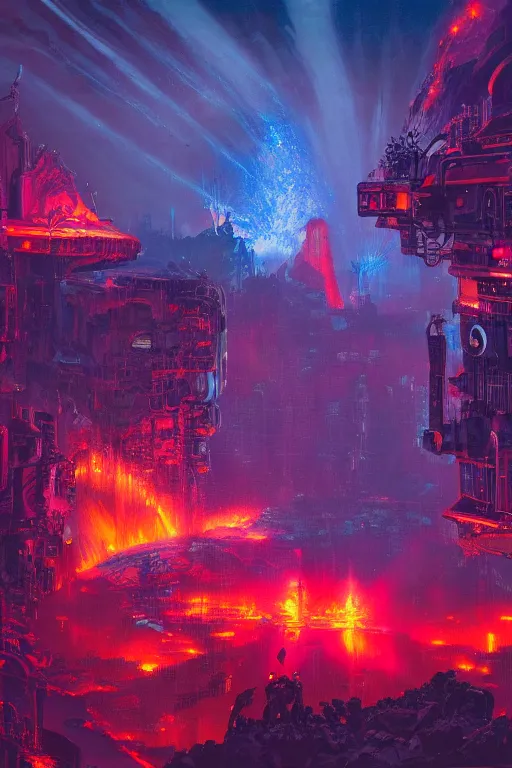 Image similar to a cyberpunk city in the crater of a volcano, lava flowing, smoke, fire, neon, clubs, festival, lasers, industrial, by paul lehr, jesper ejsing