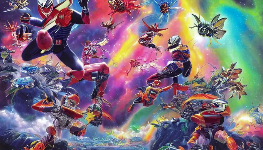 Image similar to stephen Hawkins as power ranger fighting gremlins vs mothra art by Noriyoshi Ohrai and Lisa Frank