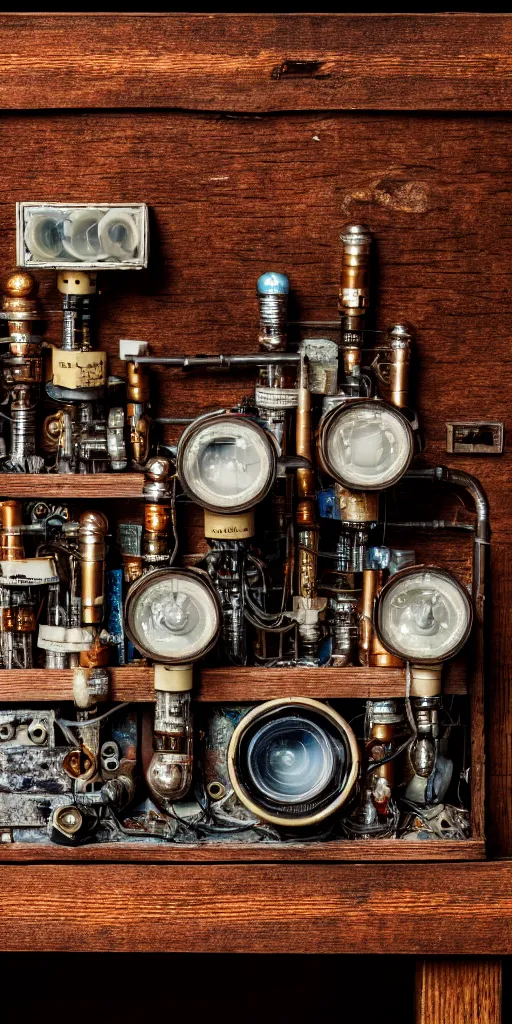 Prompt: A photo of a very old opened camera with vacuum tubes, film, capacitors and coils inside, on an old wooden table by Annie Lebovitz, Laura Letinsky and Steve McCurry, grungy, weathered Ultra detailed, hyper realistic, 4k