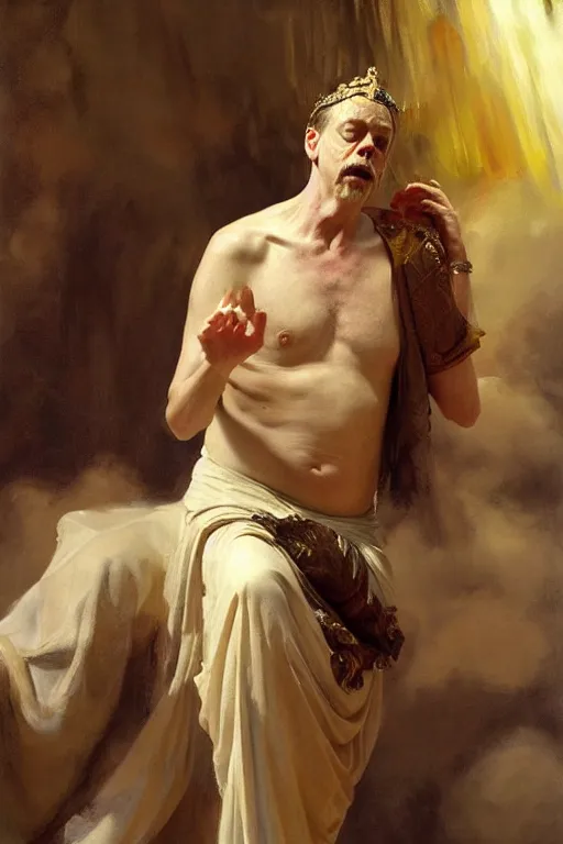 Image similar to beautiful oil painting portrait of ancient roman god emperor steve buscemi wearing the civic crown levitating and ascending religious pose, ascension, art by anders zorn, wonderful masterpiece by greg rutkowski, expressive brush strokes, beautiful cinematic light, american romanticism by greg manchess, jessica rossier